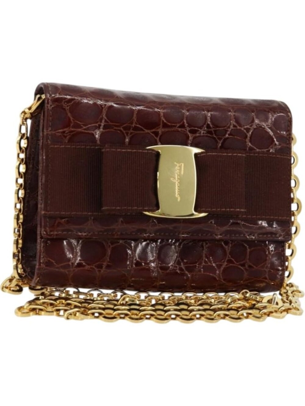 Salvatore Ferragamo Vara Ribbon Chain Bag Leather Bordeaux Gold